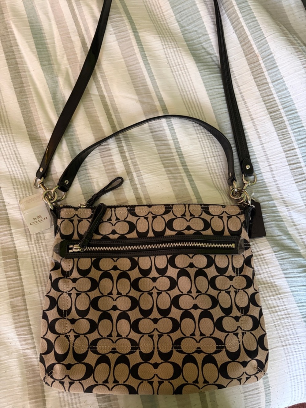 Authentic Coach Khaki and Black Signature Canvas Crossbody